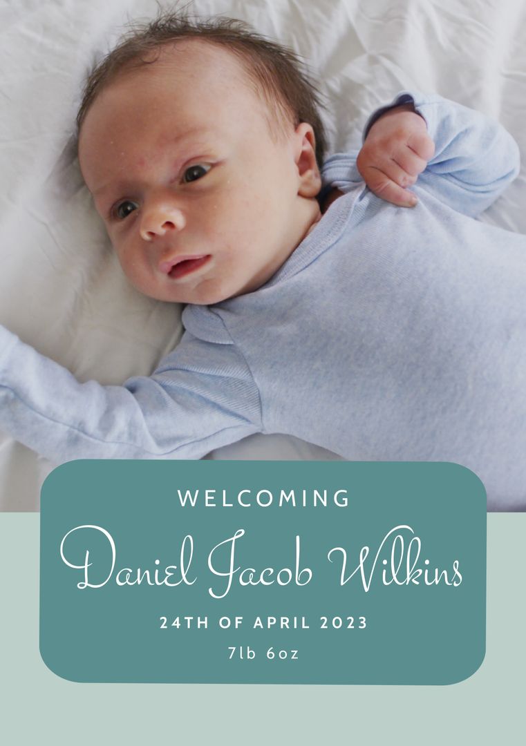 Cute Baby Boy Lying on Bed with Birth Announcement - Download Free Stock Templates Pikwizard.com