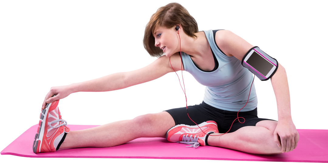 Woman Stretching Hamstring on Transparent Exercise Mat with Phone Arm Band - Download Free Stock Images Pikwizard.com