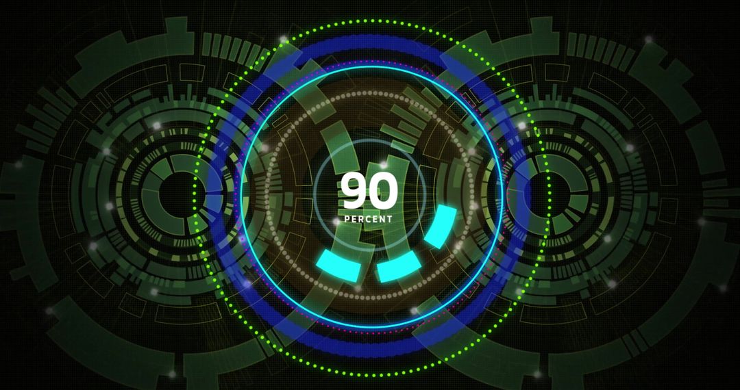 Futuristic loading circle with digital data elements in green and blue