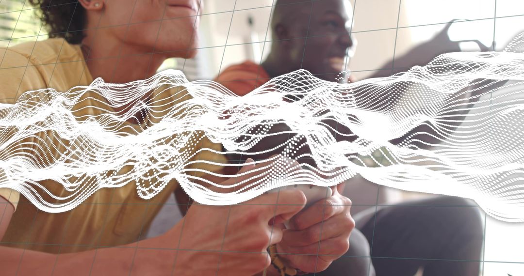 Friends Playing Video Games on Couch with Dynamic White Waveform Overlay Grid Graphic