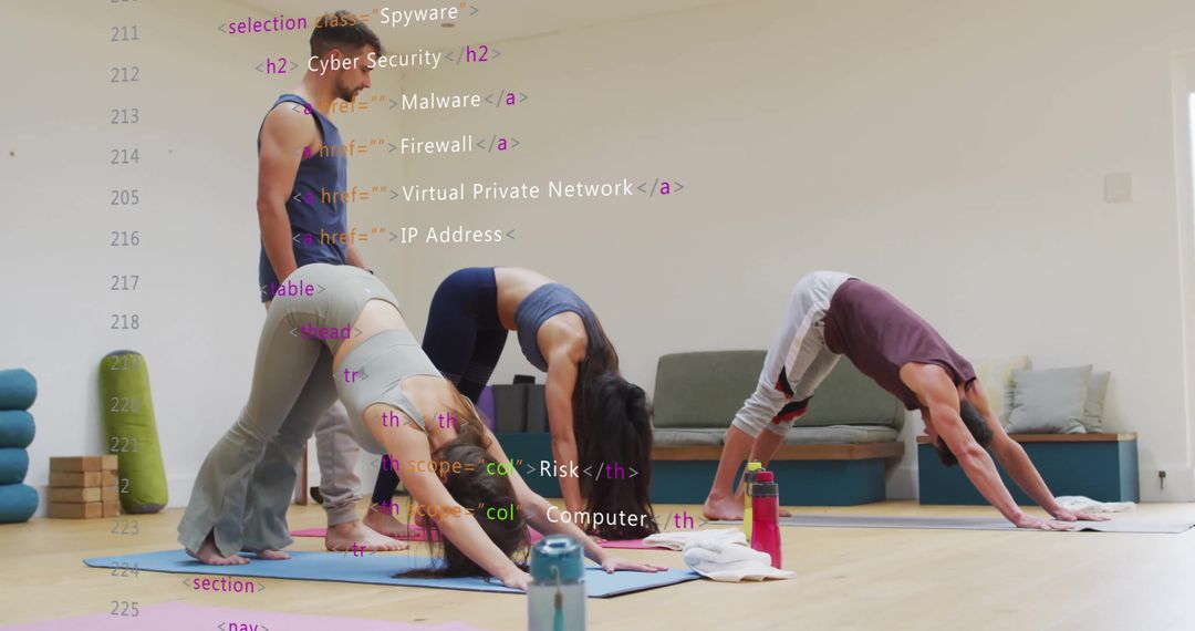 Digital Yoga Class with Cybersecurity Code Overlay