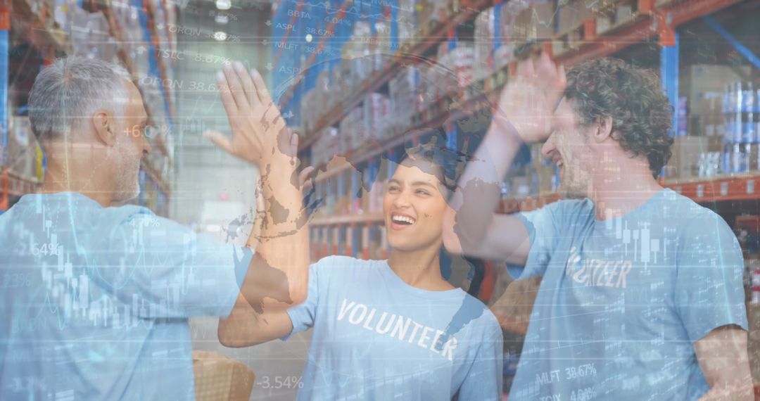 Volunteers Celebrating in Warehouse with Global Data Overlay