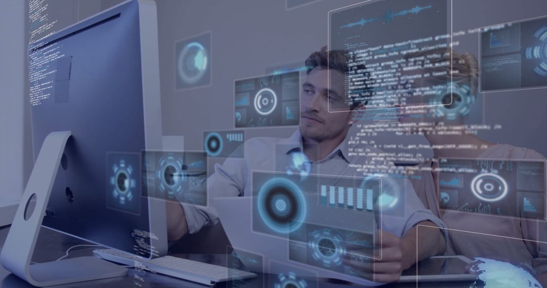 Man Analyzing Holographic Data at Modern Tech Workspace