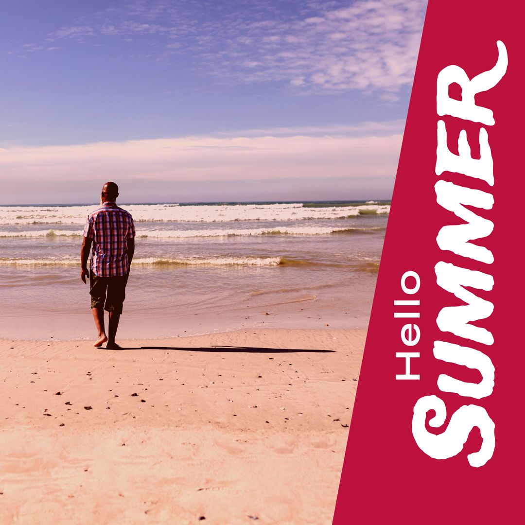 Rear View of Man on Sandy Beach with Hello Summer Text