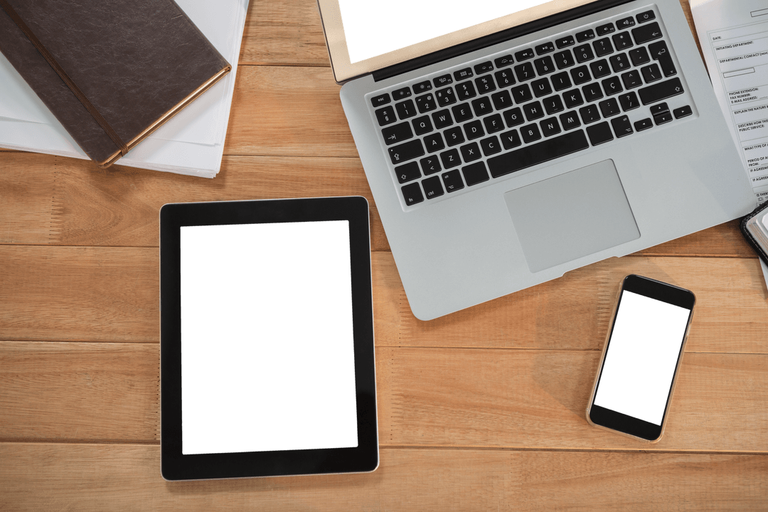 Transparent Devices on Wooden Desk Clear Black Screens
