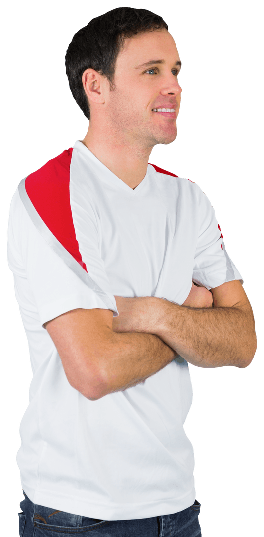 Smiling Man Wearing White Sports Jersey with Red Pattern Talks and Listens Flawlessly