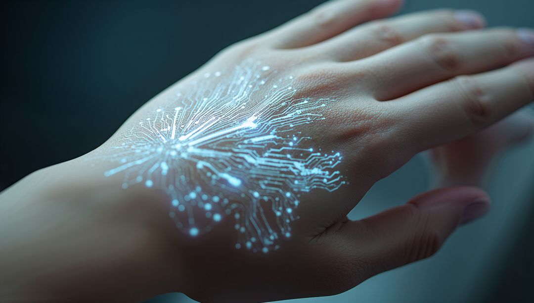 Projecting Holographic Circuit Pattern on Back of Hand Showing Neural Network Glow