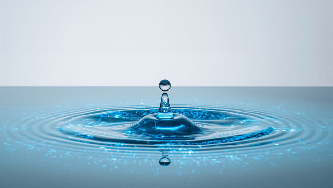 Blue water droplet forming rebound column and concentric ripples with glowing particles