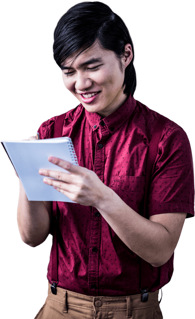 Transparent Young Man Smiling While Writing on Notebook