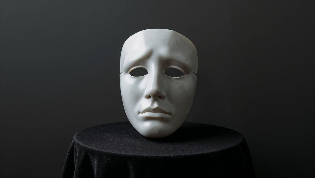 Resting white ceramic theatre mask with scuffs on black draped table, dramatic moody minimalism