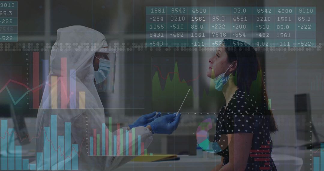Healthcare Professional in PPE Collecting Nasal Swab Sample with Data Overlay