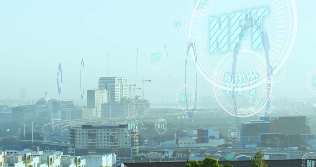 Urban Cityscape with Futuristic Floating NFT Token Illustration