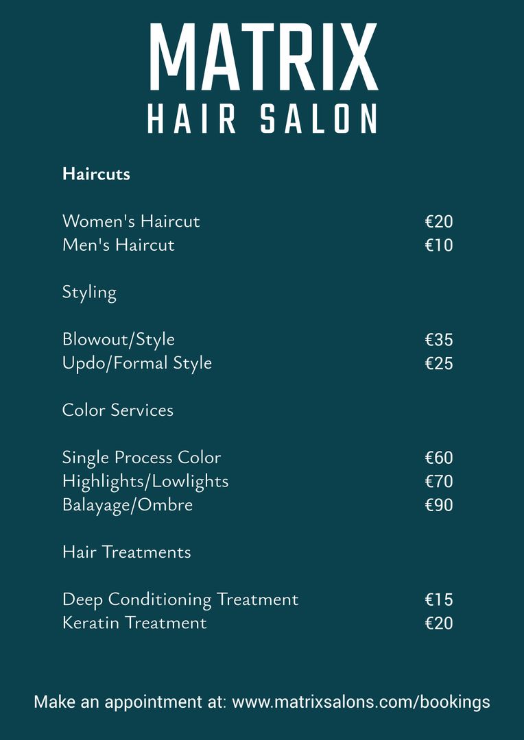 Hair Salon Price List on Green Background with All Services - Download Free Stock Templates Pikwizard.com
