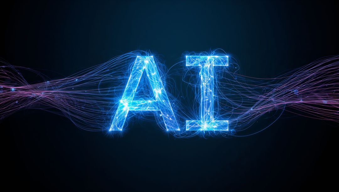 Neon AI Network Glowing Blue Filaments Forming Futuristic Letters Digital Energy Stream