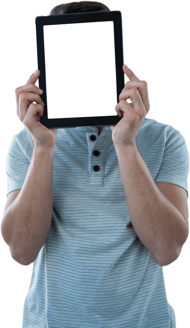 Man Holding Tablet in Front of Face on Transparent Background