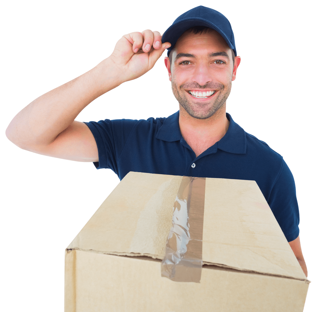 Transparent Cheerful Delivery Man Holding Box for Shipping