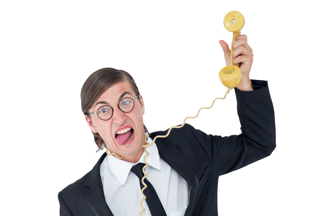 Transparent Shocked Businessman Tangled in Phone Cord