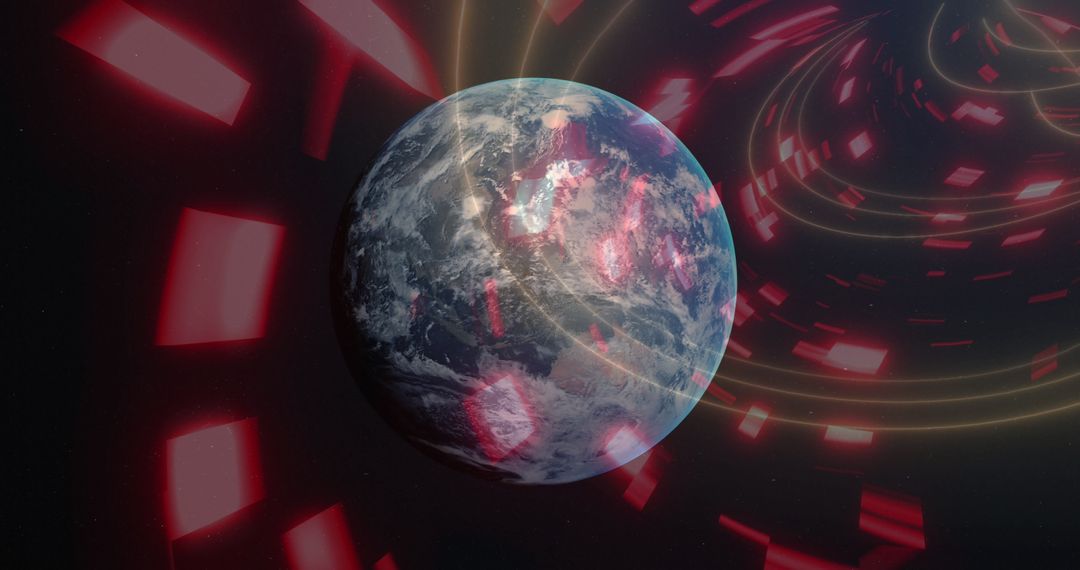 Earth Inside Digital Tunnel with Red Glowing Squares, Global Technology Network Theme
