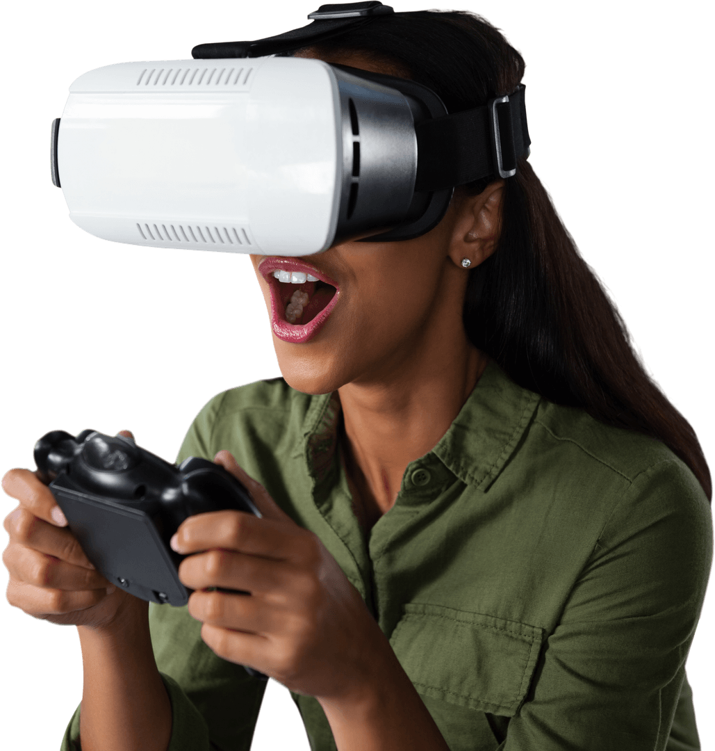 Woman Excitedly Gaming in Virtual Reality on Transparent Background