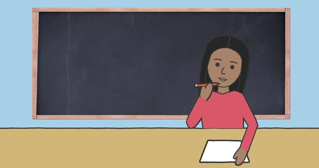 Illustration of Schoolgirl Writing in Classroom with Blackboard
