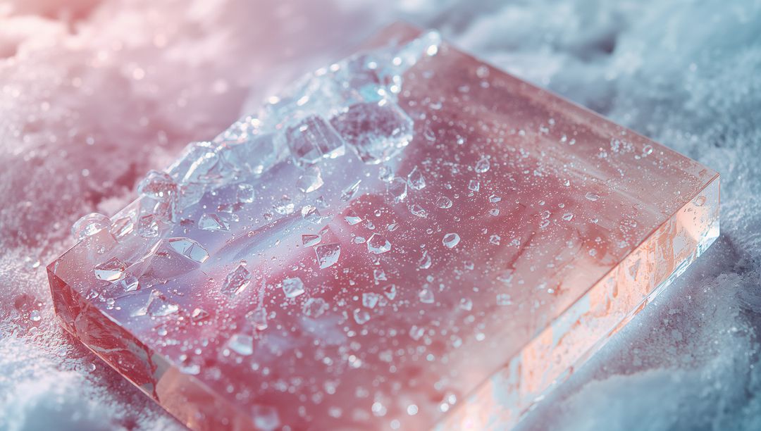 Translucent Glass Block on Ice Refracting Pink and Blue Light