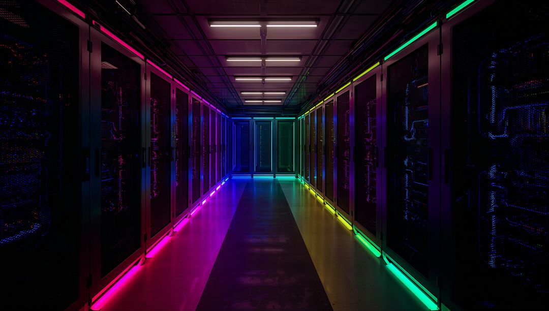 Neon-Lit Data Center Corridor Showcasing Digital Innovation