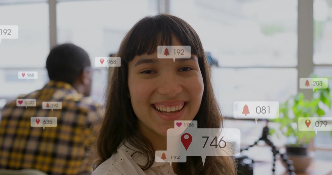 Smiling Businesswoman with Digital Notifications in Modern Office