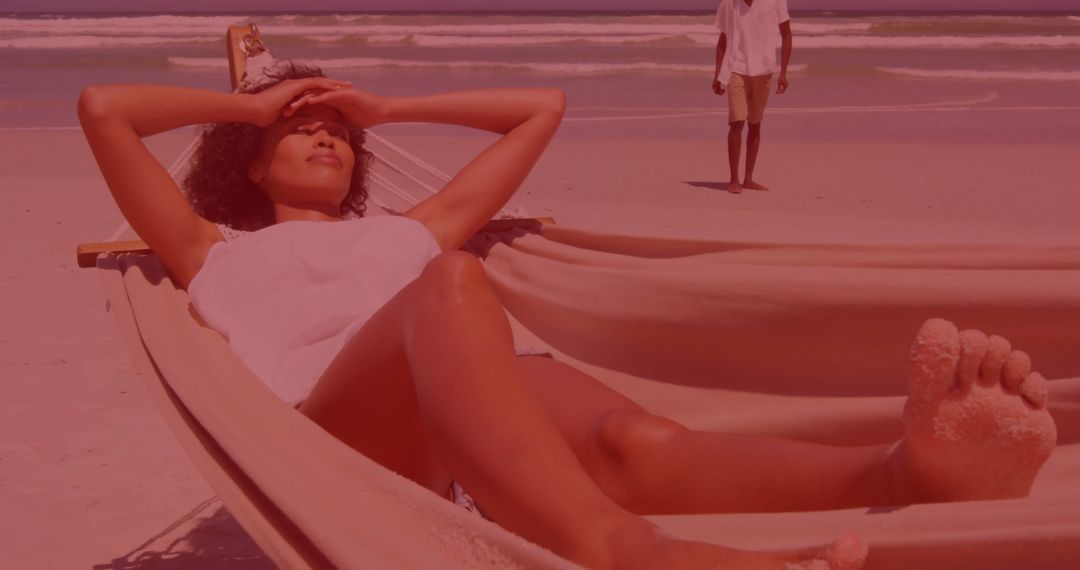 Relaxing on Hammock at Beach with Blur Red Heart Overtones