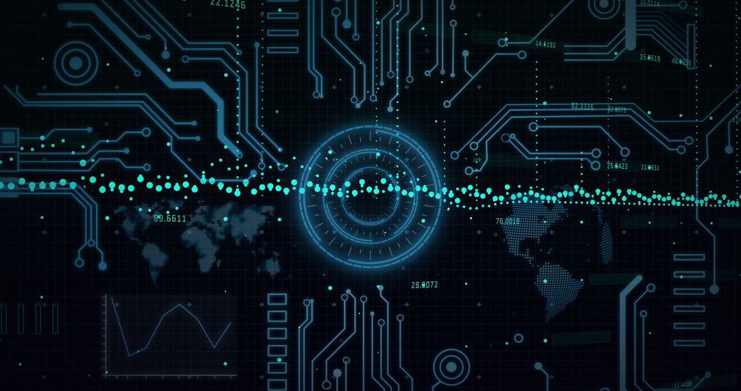Futuristic Circuit Board with Global Data Interface Overlay