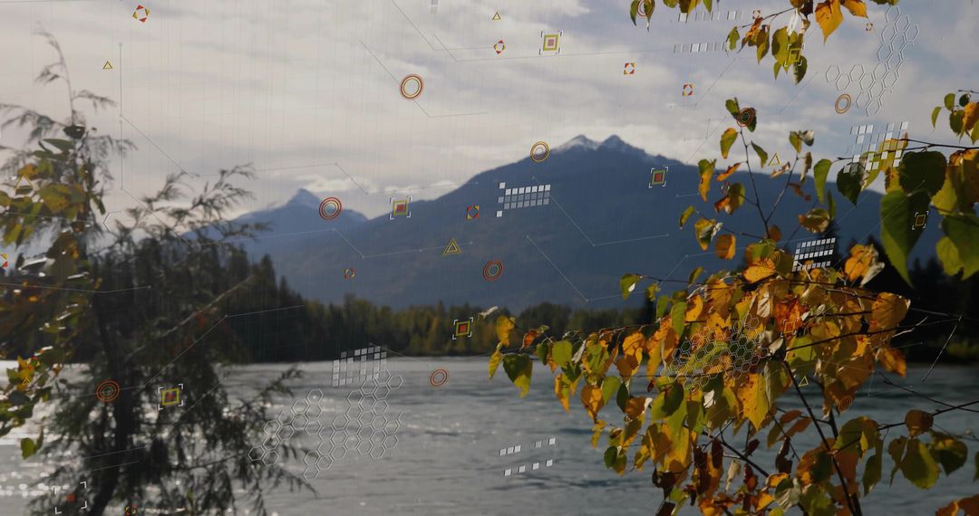 Serene River and Mountains with Digital Overlay in Autumn