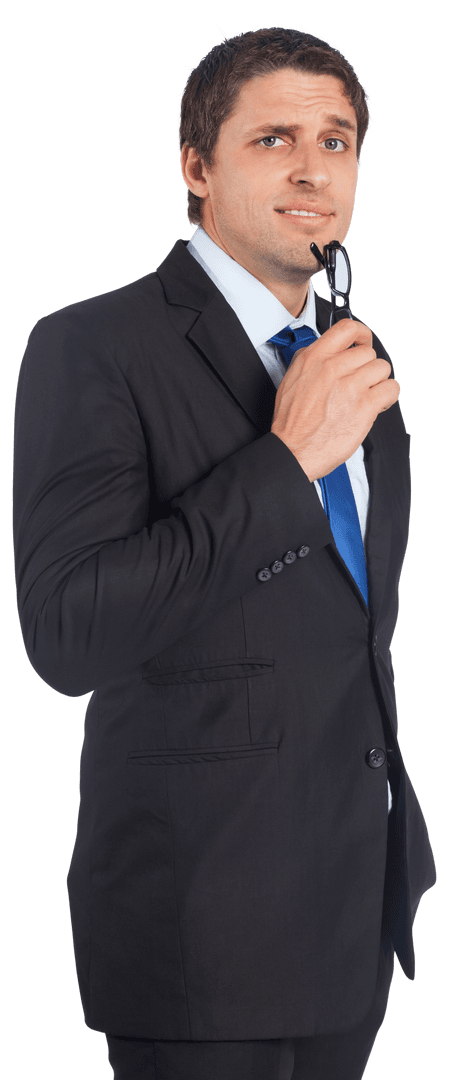 Confused Businessman Holding Glasses on Transparent Background
