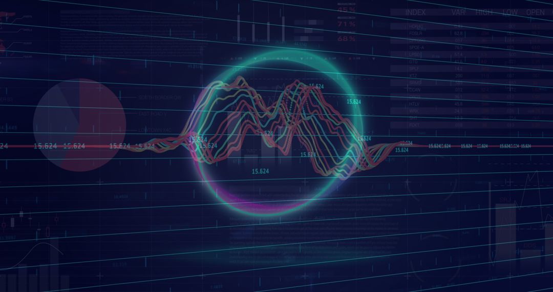Neon Circle Overlaying Dynamic Financial Graphs on Dark Background