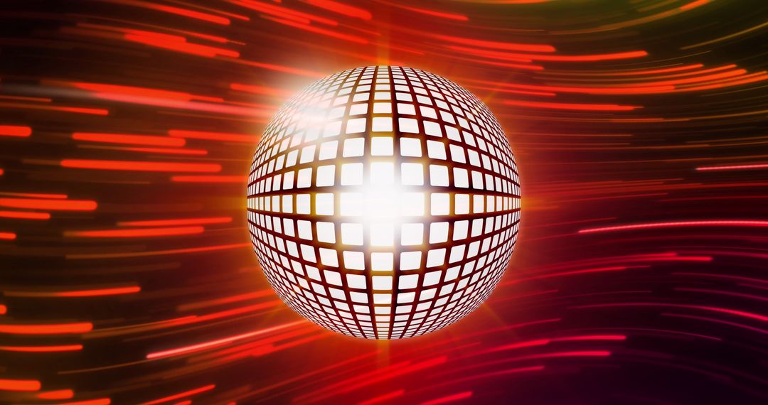 Radiant Disco Ball with Vibrant Red and Orange Light Trails