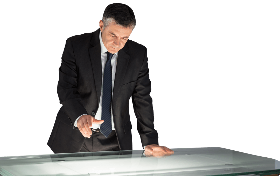 Mature Businessman Interactive Transparent Desk Technology