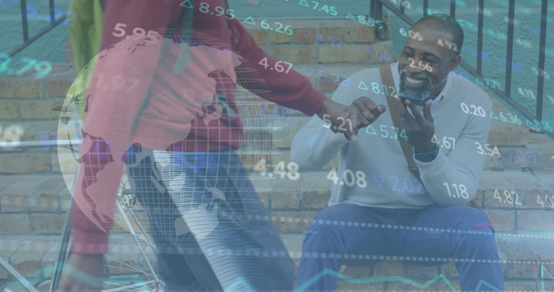 Image of stock market data processing over african american man fist bumping his friend - Free Images, Stock Photos and Pictures on Pikwizard.com