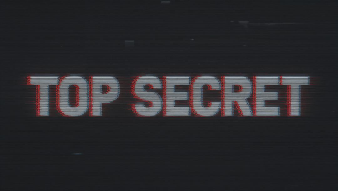 TOP SECRET glitching text with VHS CRT distortion, chromatic aberration, digital noise