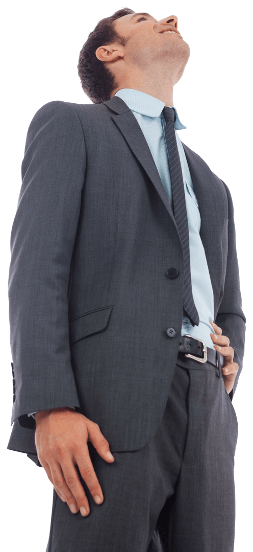 Cheerful Businessman in Suit Looking Up Transparent Background