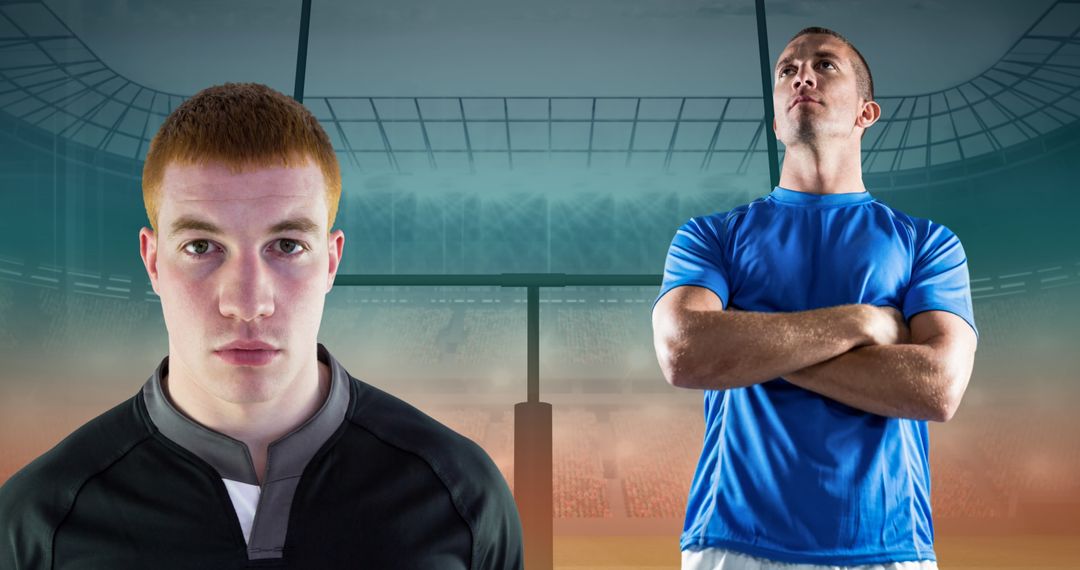 Confident Male Rugby Players in a Dynamic Stadium Atmosphere