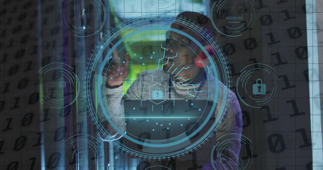 African American Technician Using Digital Interface in Server Room
