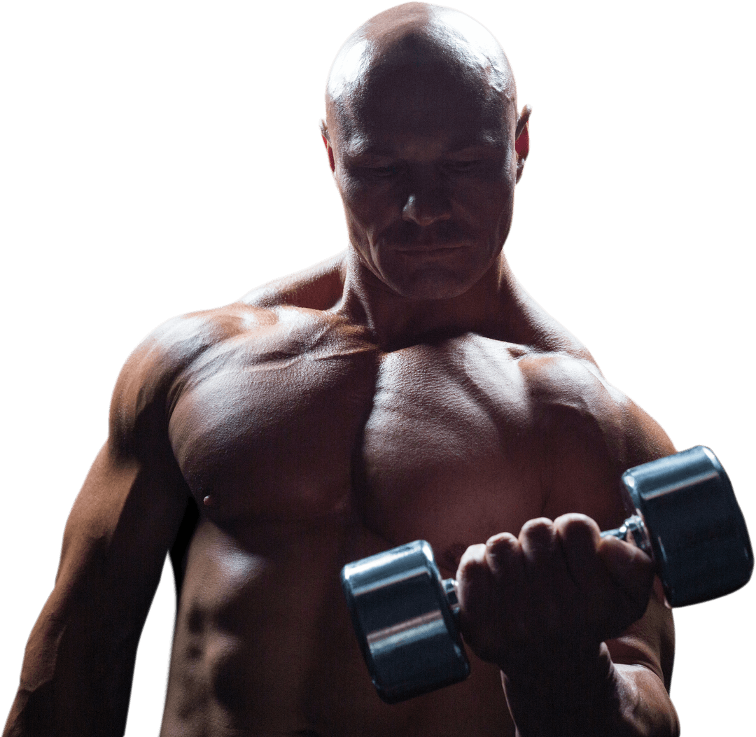 Transparent Muscular Man Lifting Dumbbell with Focused Expression