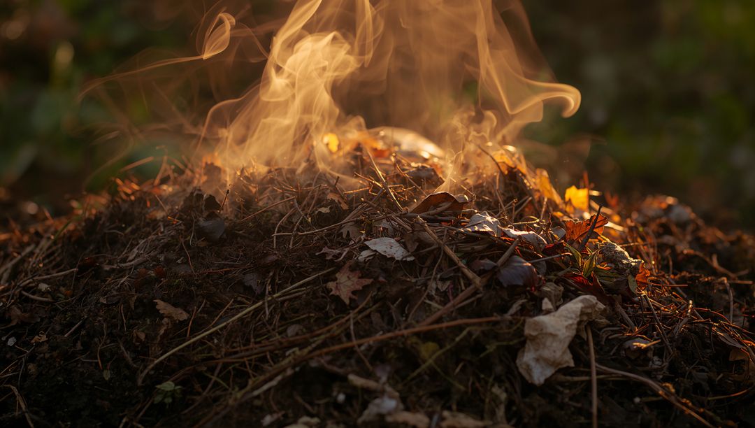 Smoldering leaf and twig pile glowing in golden backlight with smoke plumes