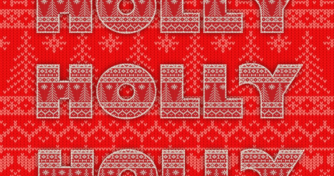 Christmas Holly Text on Festive Red Knitted Background
