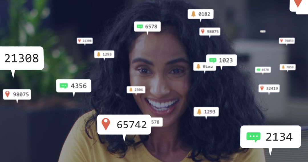 Smiling Woman with Social Media Notifications in Modern Office