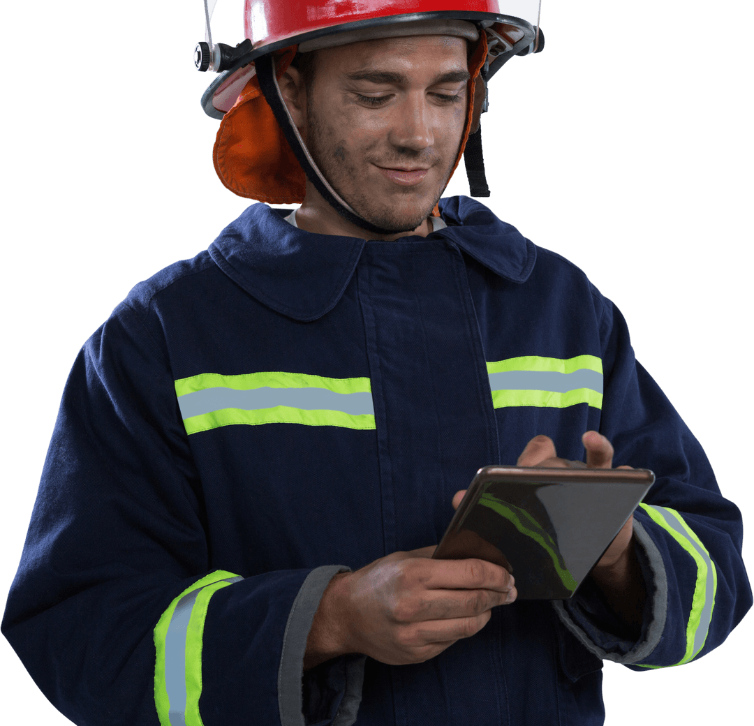 Caucasian Firefighter Using Digital Tablet in Transparent Background