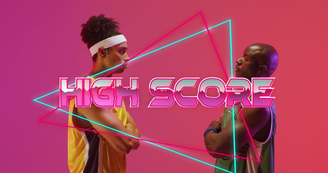 Image of high score text over neon pattern and diverse basketball players - Free Images, Stock Photos and Pictures on Pikwizard.com