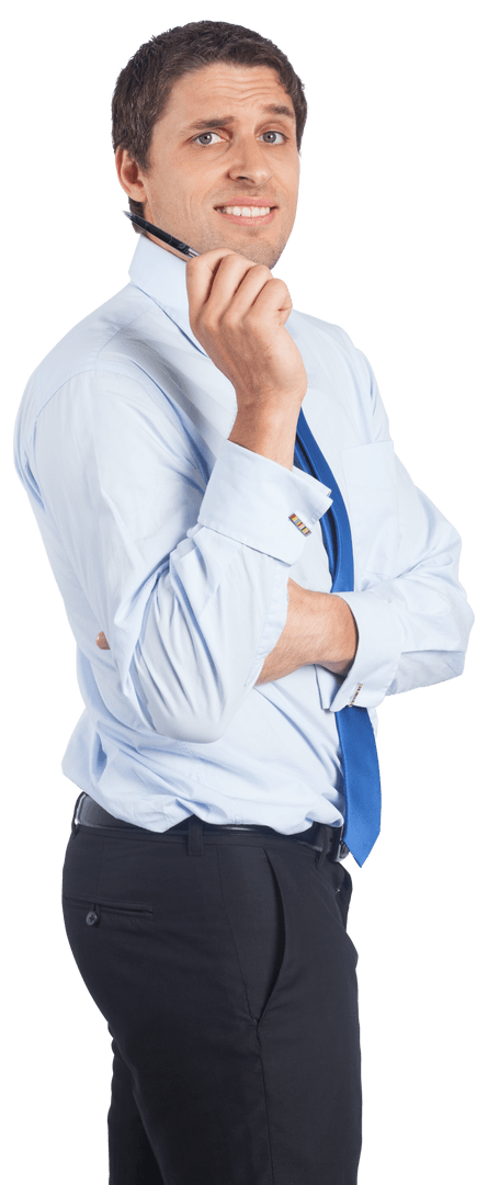 Confused Caucasian Businessman Holding Pen on Transparent Background