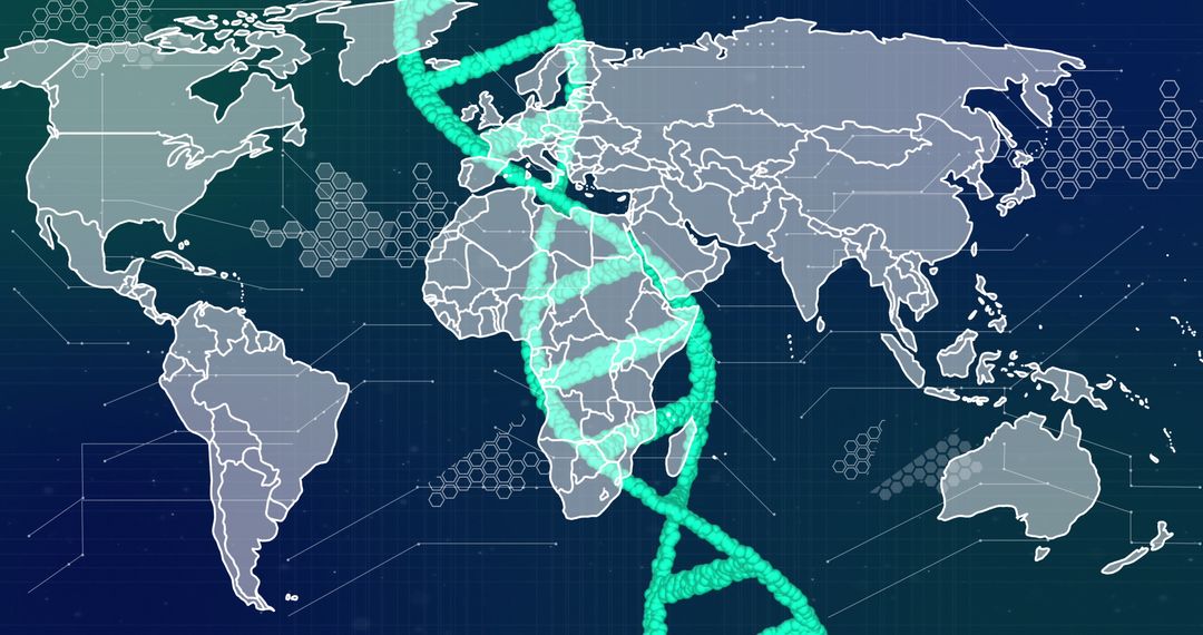 Spinning DNA Strand Over World Map Indicating Global Research