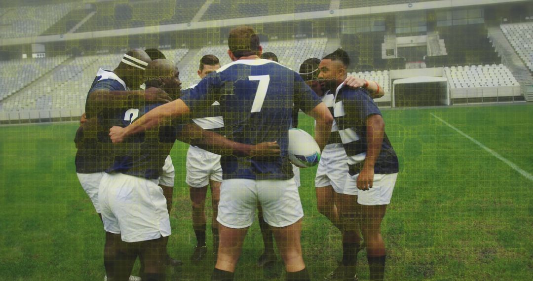 Competitive Rugby Team Strategizing in Stadium with Digital Overlay