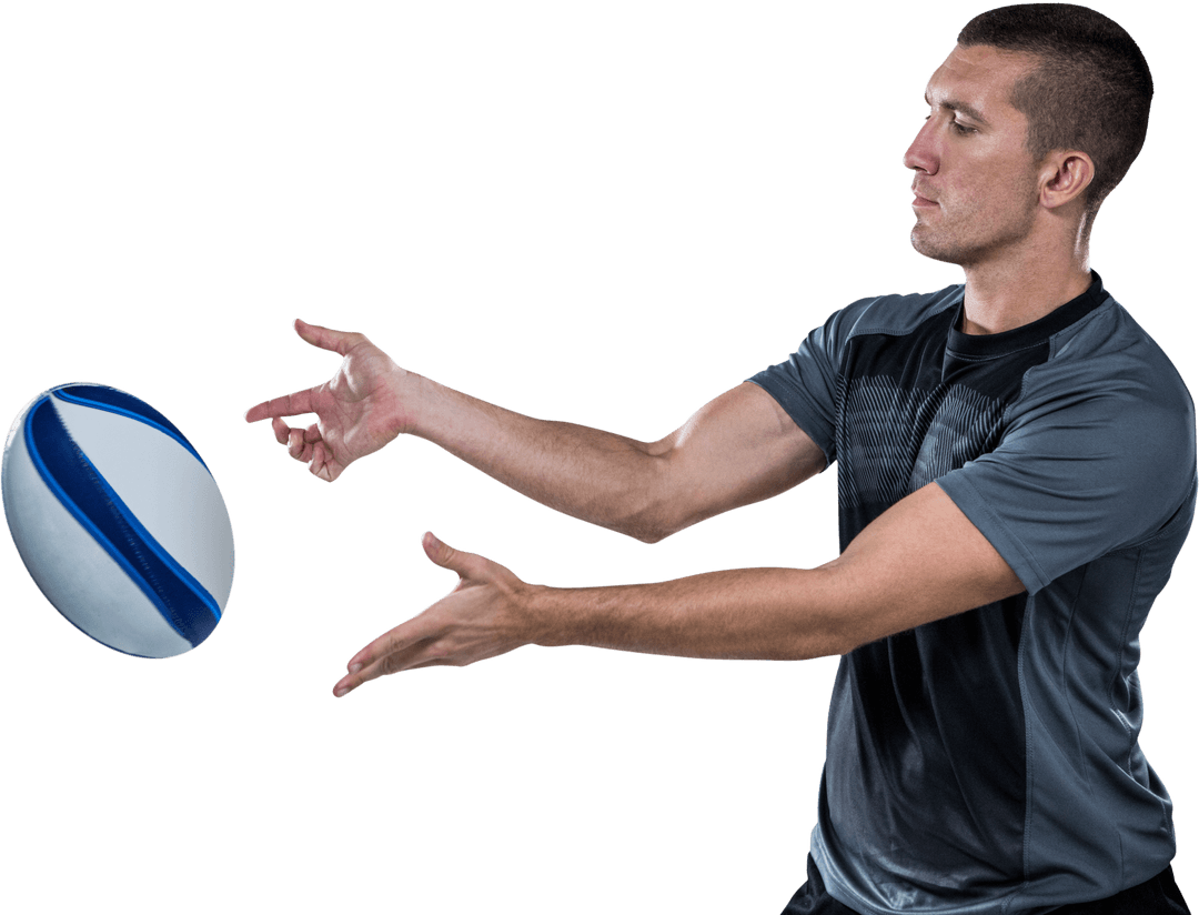 Athletic Rugby Player Catching Transparent Ball Mid-Action