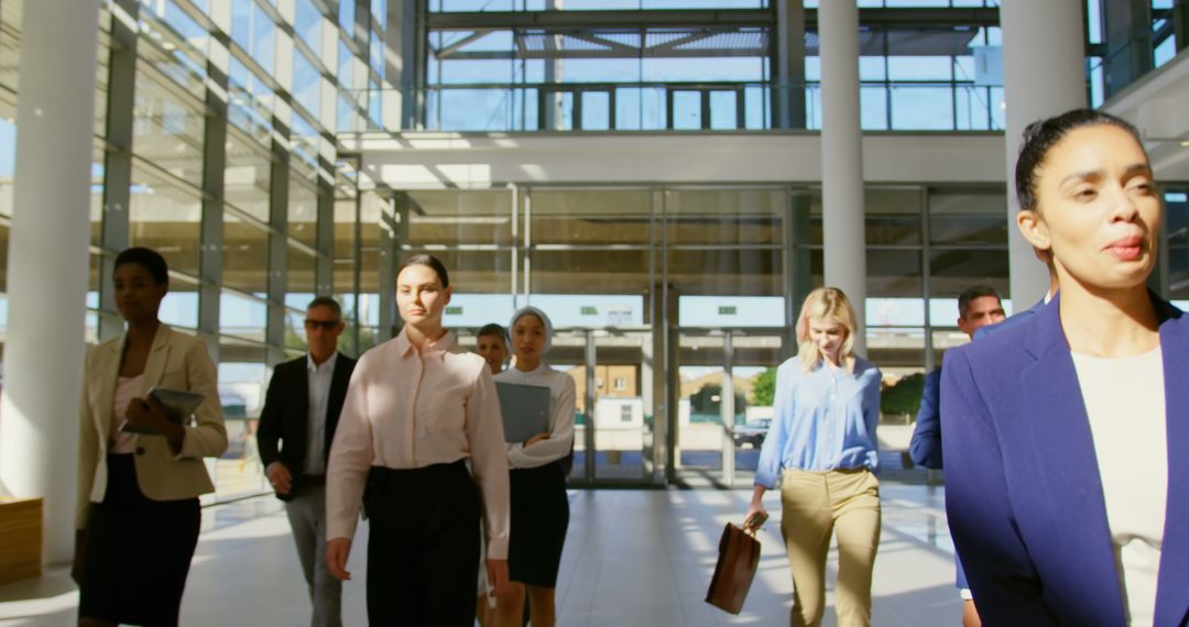 Diverse Business Team Walking in Bright Office Lobby
